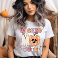 thumbnail image 2 of Wicked Cute Halloween Shirt | Kawaii Ghost and Pumpkin Graphic Tee, Heliconia, Size L, 2 of 6