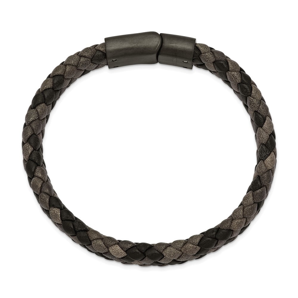 Diamond2Deal Stainless Steel Brushed Gun Metal IP-Plated Brown Braided Leather Bracelet for Men 8.25"