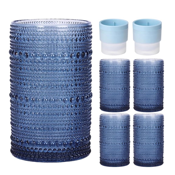 4 Pcs Colored Hobnail Drinking Glasses with Ice Ball Mold, 15 oz Vintage Embossed Highball Glass Set