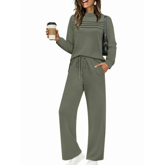 Two Piece Sets for Women Fall Outfits Long Sleeve Lounge Sets Side Slit Wide Leg Pants Green L