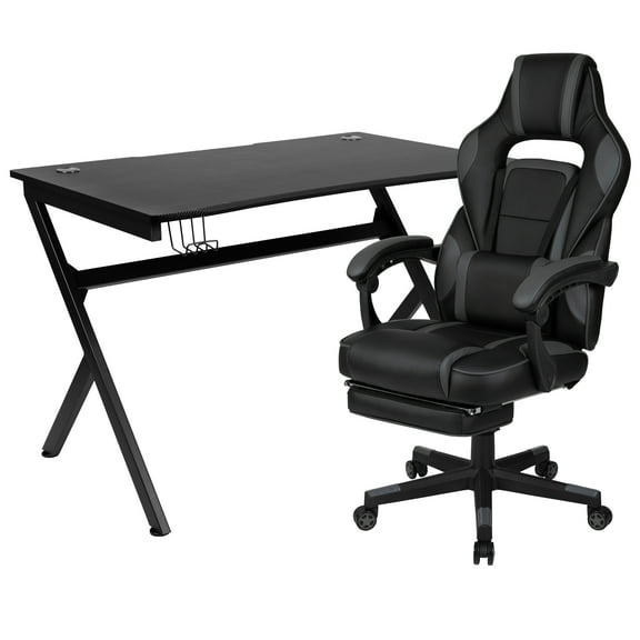 Flash Furniture Optis Black Gaming Desk with Cup Holder/Headphone Hook/2 Wire Management Holes & Black Reclining Back/Arms Gaming Chair with Footrest