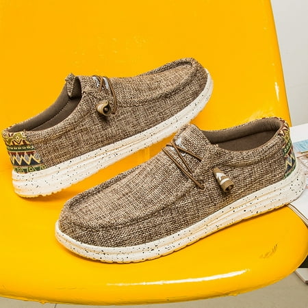 Image of Mens Canvas Slip-On Loafer Comfortable Boat Shoes Men Casual Deck Shoes Breathable Beach Shoes Canvas + Rubber - Coffee Brown 11