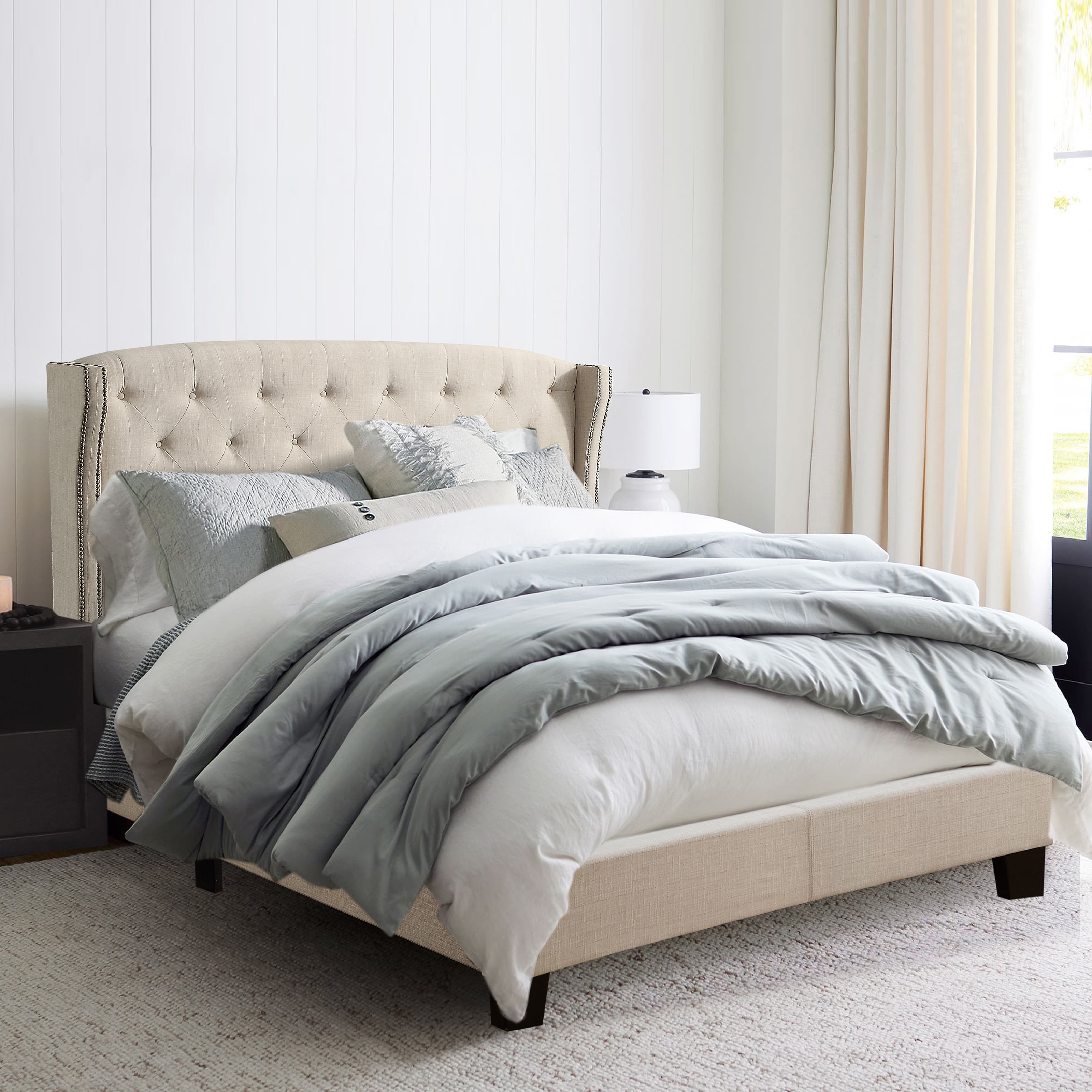 Gewnee Queen Size Upholstered Wingback Bed Frame with Adjustable Headboard