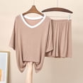 thumbnail image 2 of Yeaiivve Bamboo Pajamas Set for Women Color Block Short Sleeve Cooling Tops and Shorts Comfy Soft Summer Pjs Sets Loose Pleated Loungewear Khaki,XL, 2 of 7