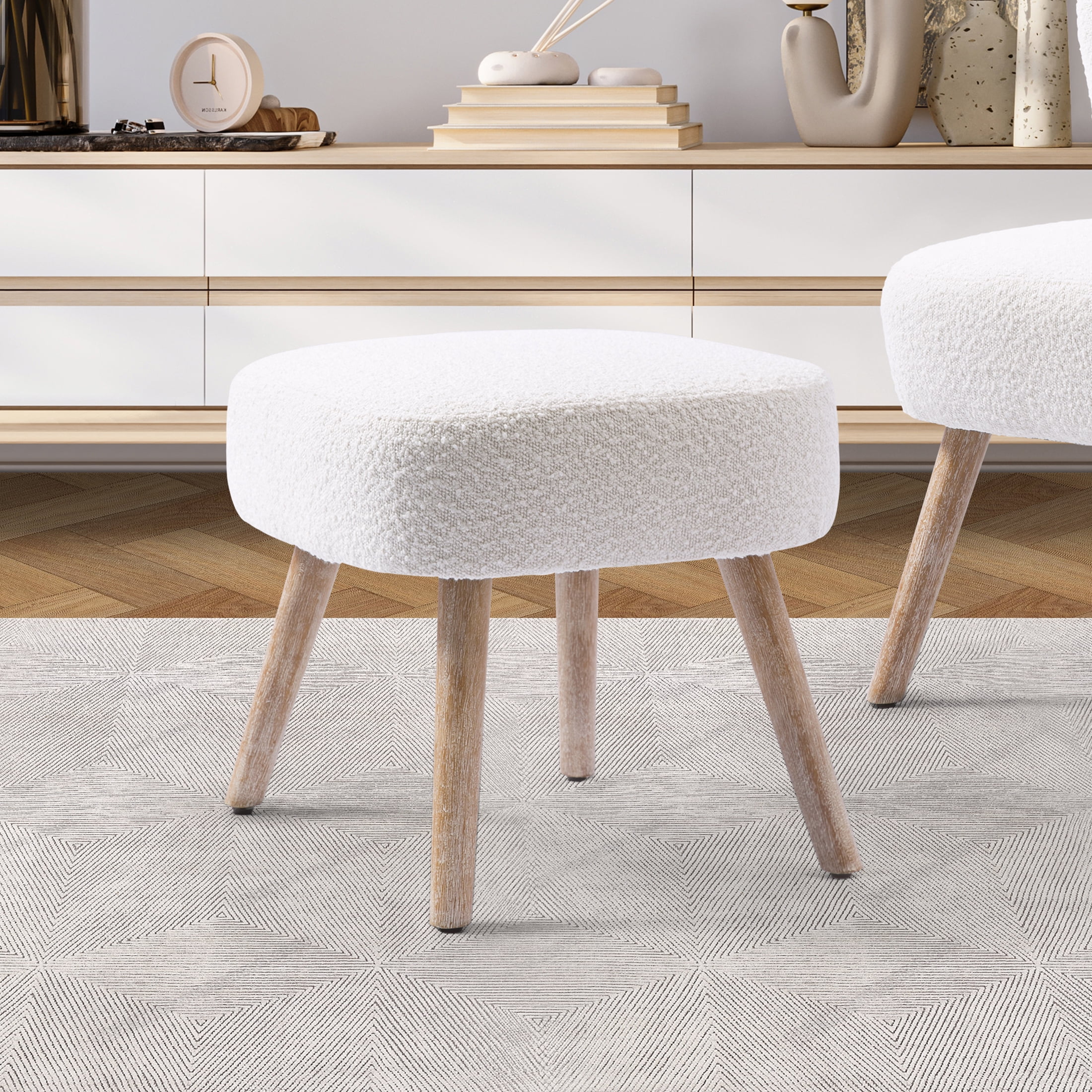 Mid-Century Modern 16.5" Tall Water and Stain Resistant Boucle Fabric Upholstered Ottoman with Wooden Legs, Cream
