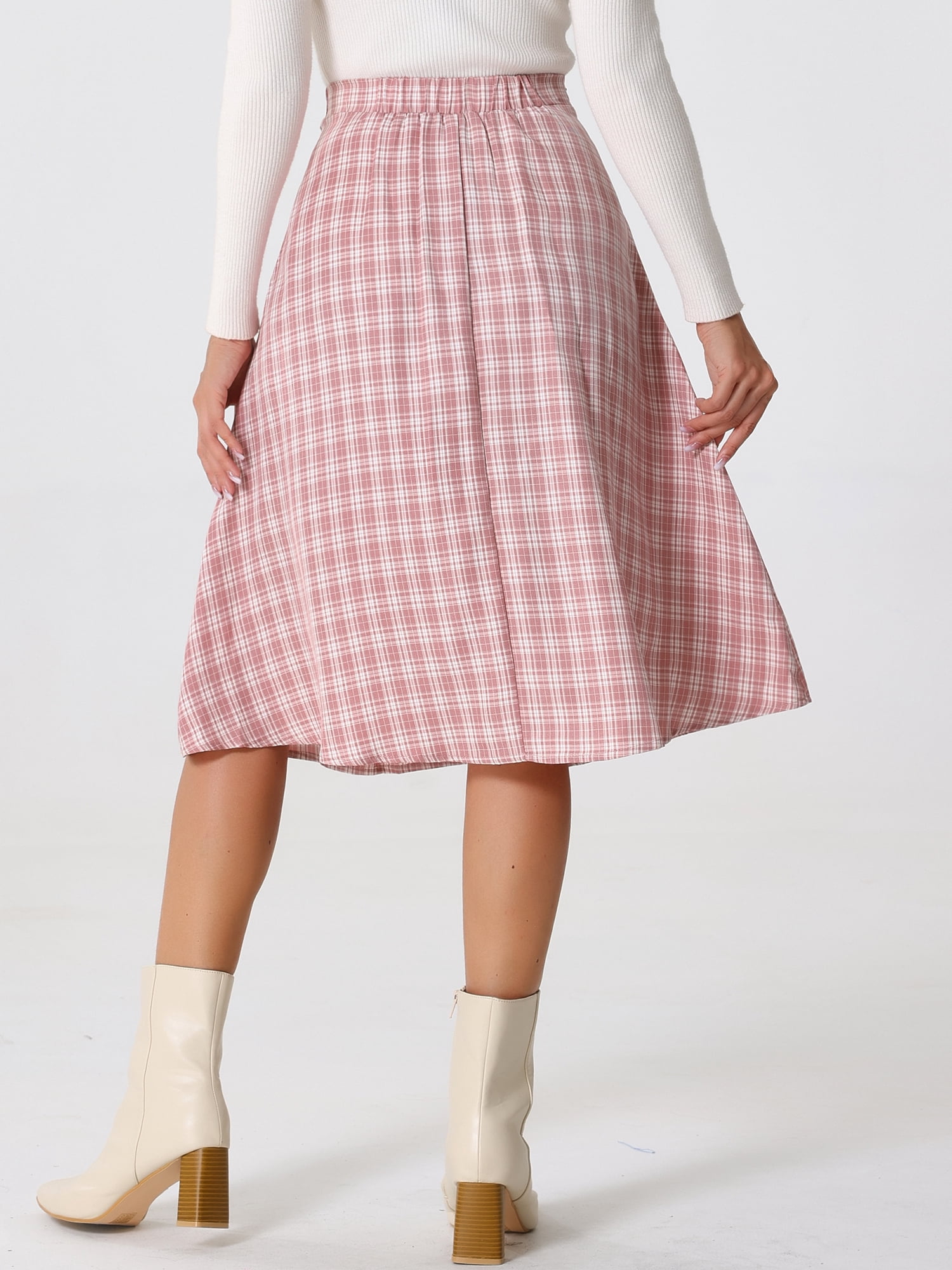 DARING DIVA Women's Vintage Plaid Pleated A-Line Midi Skirt M Pink