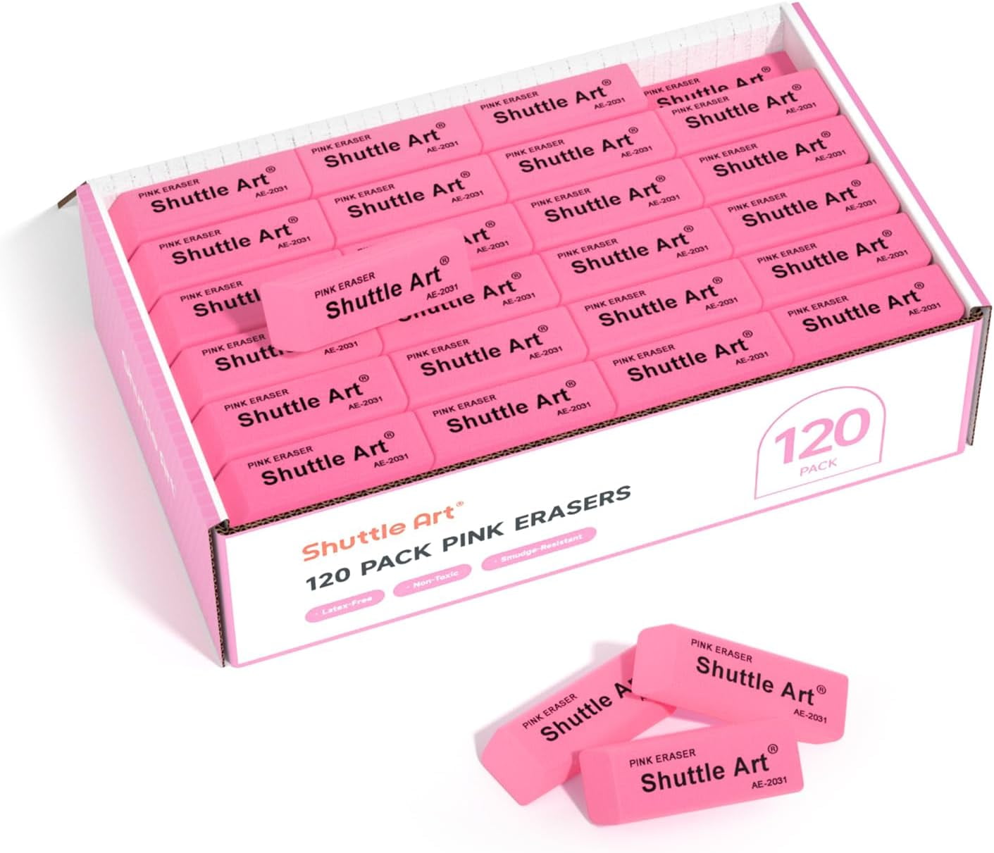 Pink Erasers, Shuttle Art 120 Pack Pink Erasers Bulk for Office, Latex-Free Soft Erasers as Office Supplies