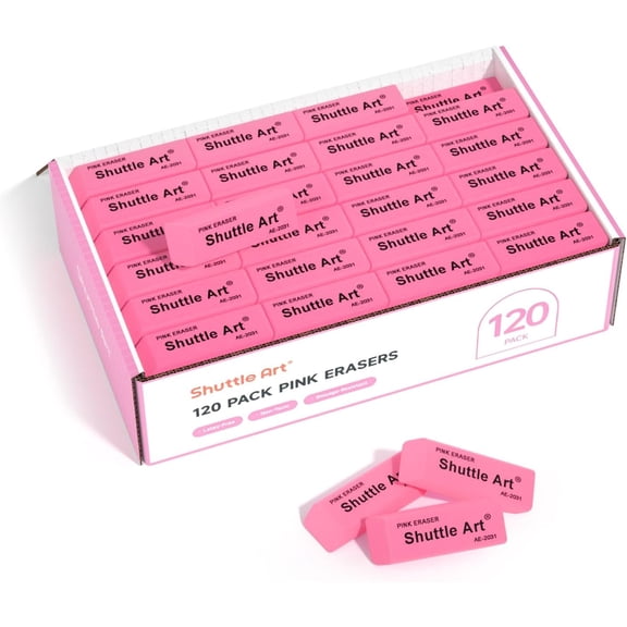 Pink Erasers, Shuttle Art 120 Pack Pink Erasers Bulk for Office, Latex-Free Soft Erasers as Office Supplies
