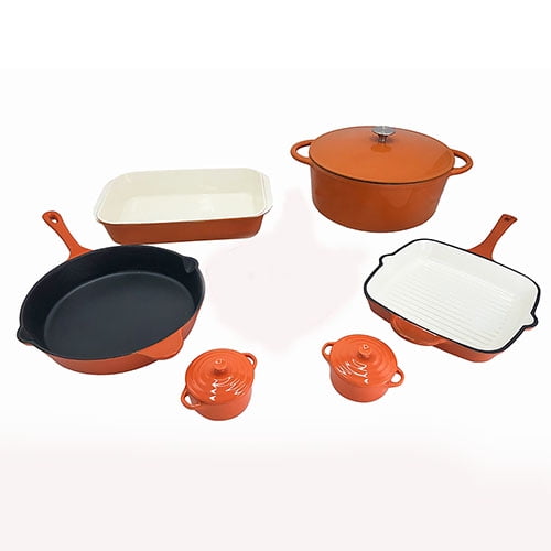Le Chef 9Piece Enamel Cast Iron Cookware Set, Orange.