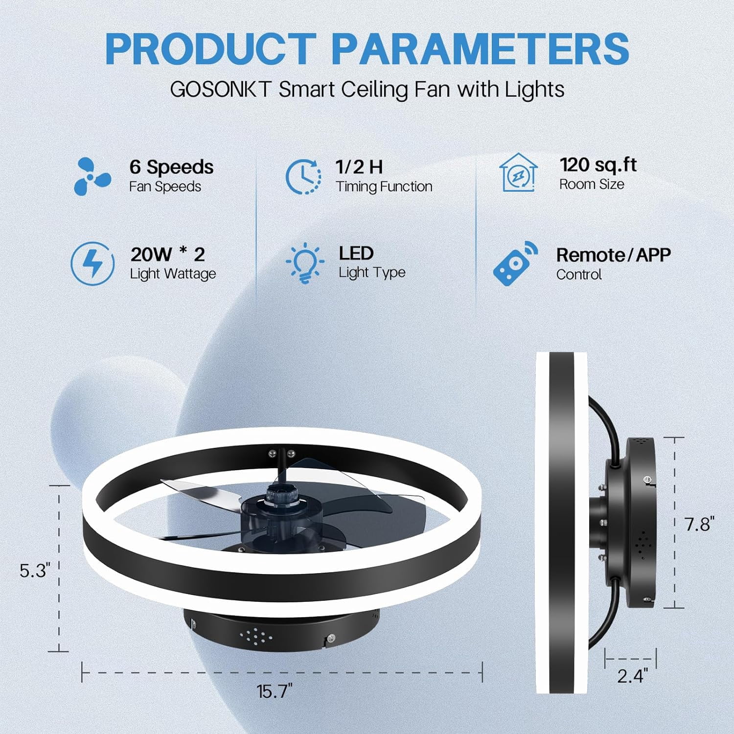 Surnie Low Profile 15.7" LED Small Ceiling Fan with Light - Modern, Semi-Enclosed Flush Mount, Smart APP & Remote Control, 6-Speeds, Black - Perfect for Bedroom and Living Room