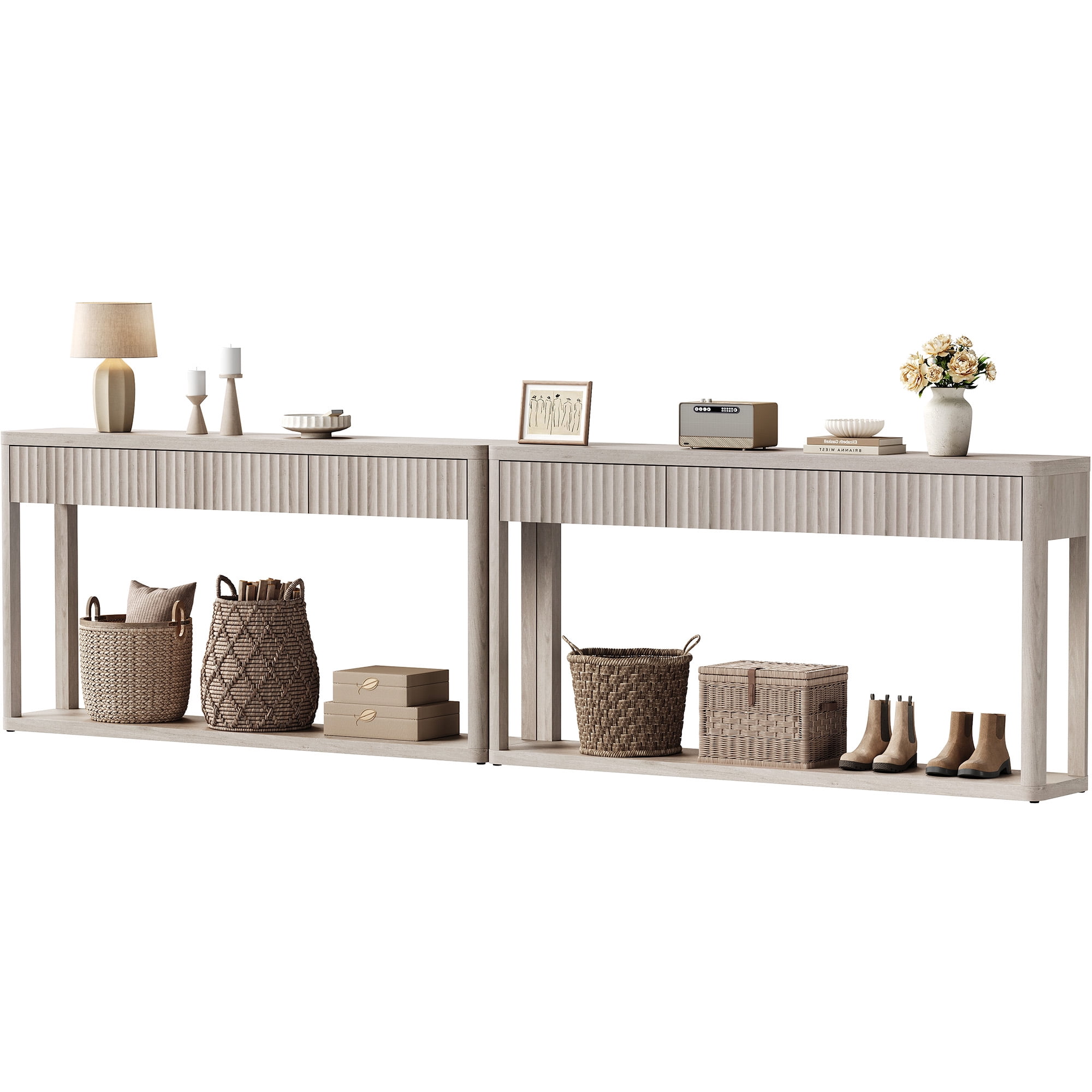SICOTAS 61 inch Long Console Table Set of 2 with 3 Large Drawers, Modern Fluted Sofa Table Behind Couch with Open Storage Shelf, Entryway Table for Living Room, Hallway, Foyer, Light Grey Alder