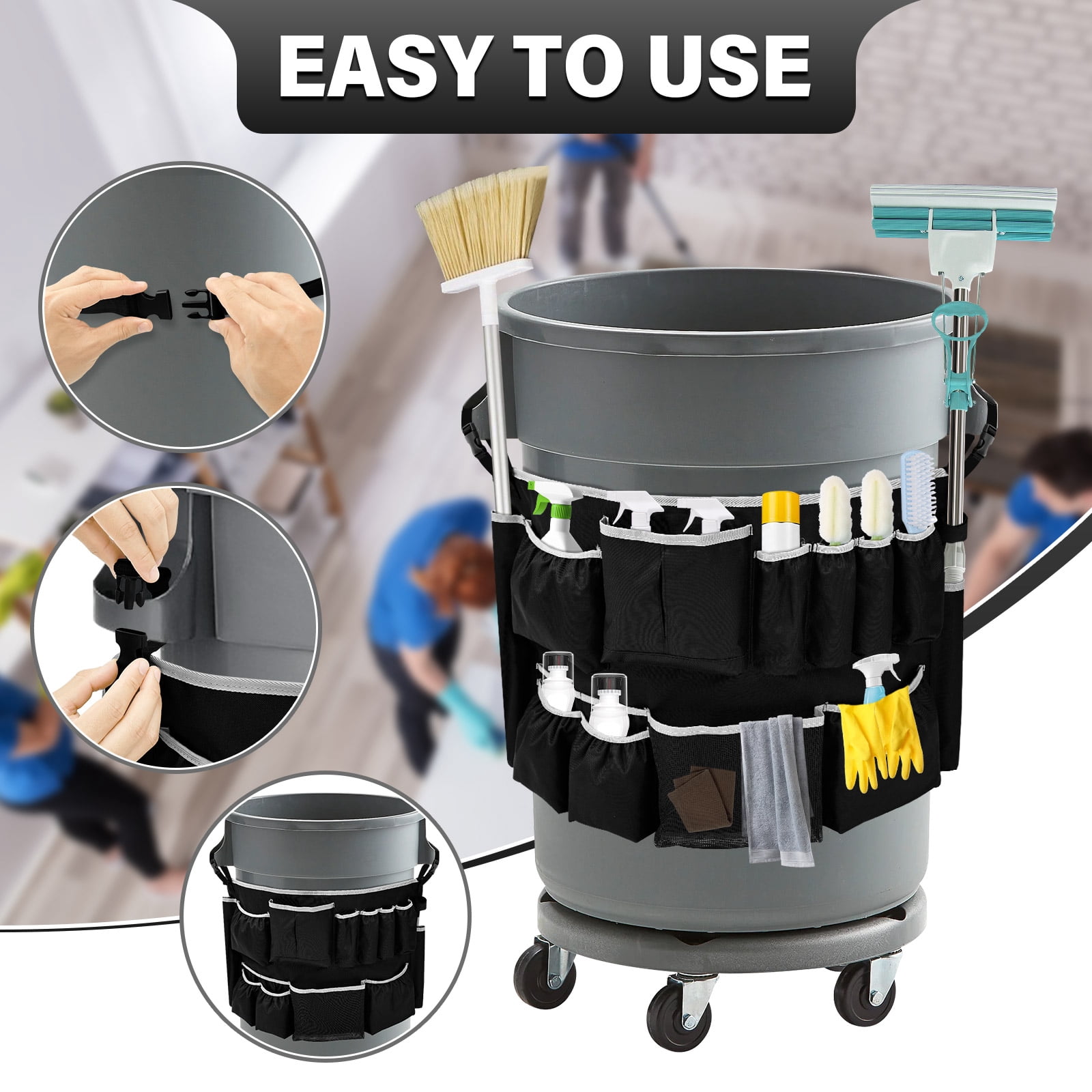 Trash Can Caddy Bag Fit 32 to 55 Gallon Garbage Bin Polyester Garbage Can Caddy with 13 Pockets for Housekeeper Professional Cleaner