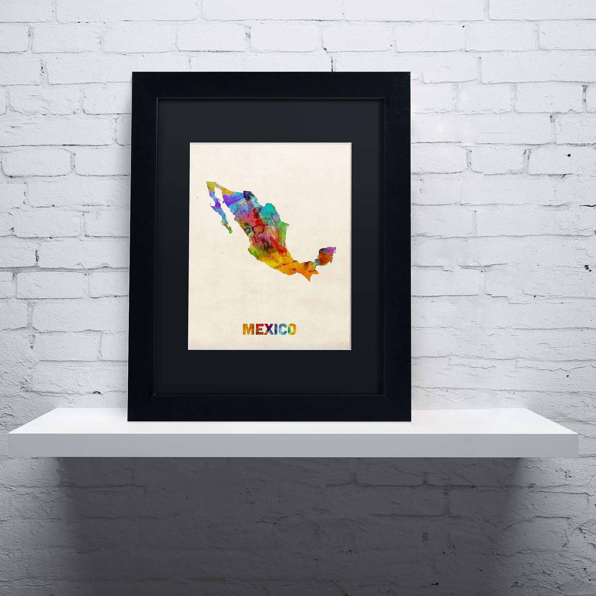 Trademark Fine Art "Mexico Watercolor Map" Canvas Art by Michael Tompsett, Black Matte, Black Frame
