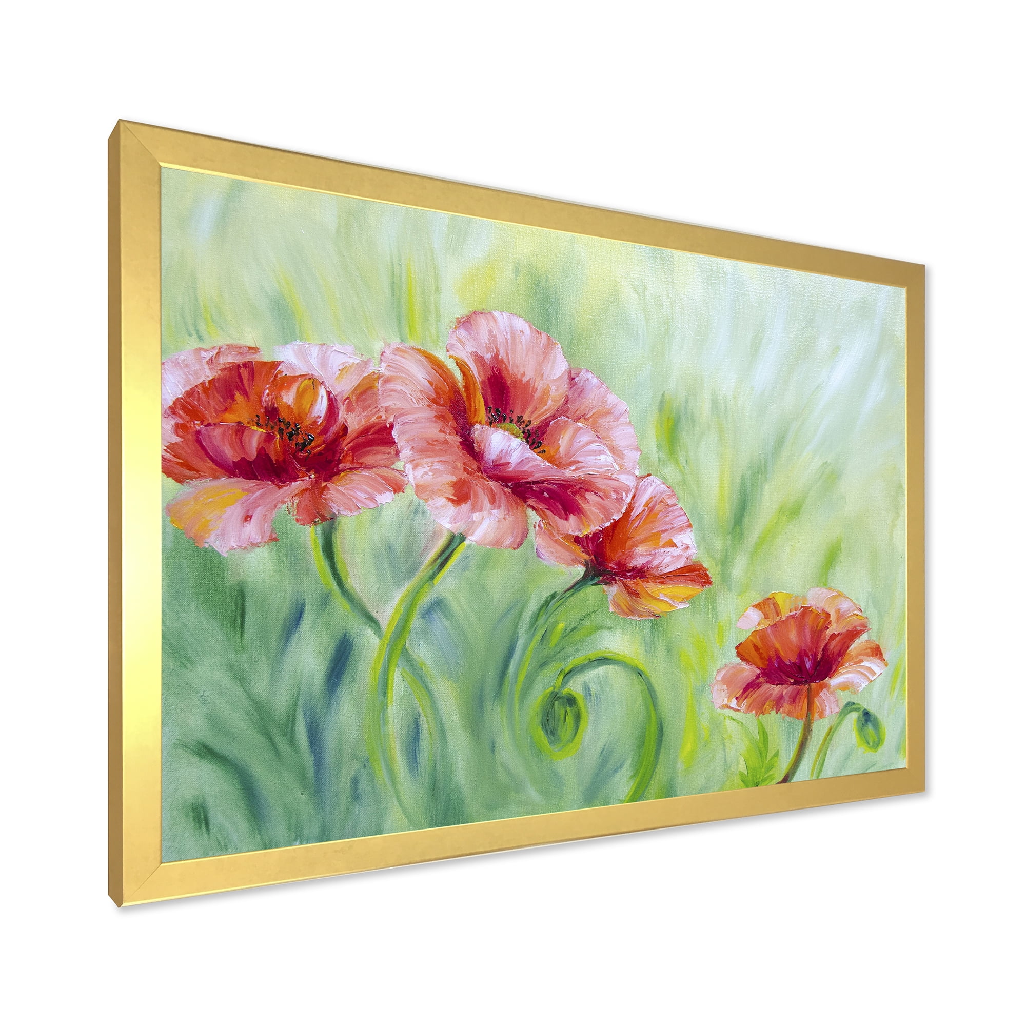 Designart 'Red Blossoming Poppies Over Wild Green II' Traditional Framed Art Print