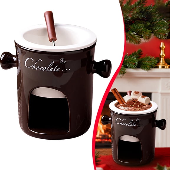 FURNIX Chocolate Fondue Candle, Chocolate Fondue Cups, Ceramic, Candy Fondue Cup 130 Ml With Fork For Dinner Butter Warmer Tapas At Home, Fondue For Chocolate And Cheese,Brown