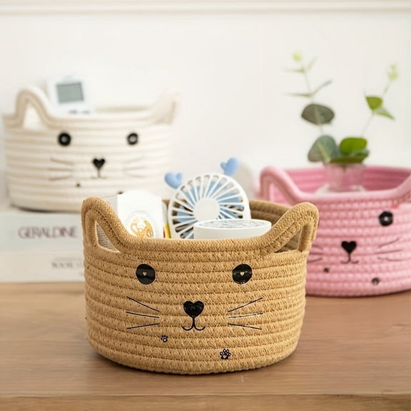 COFFEE Cat-Face Storage Basket,Charming Cat-Face Storage Basket – Woven Cotton, Space-Saving Organizer for Dorms, Bedrooms & Offices – Multi-Functional Desktop Sorter for Daily Use