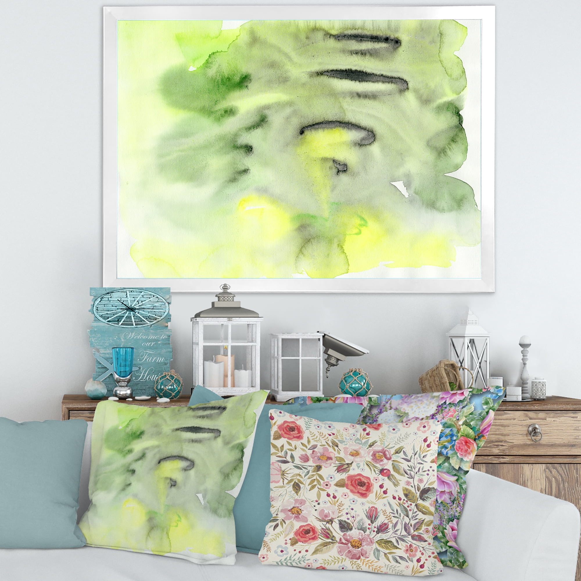 Designart 'Abstract Pond of Yellow and Green' Modern Framed Art Print