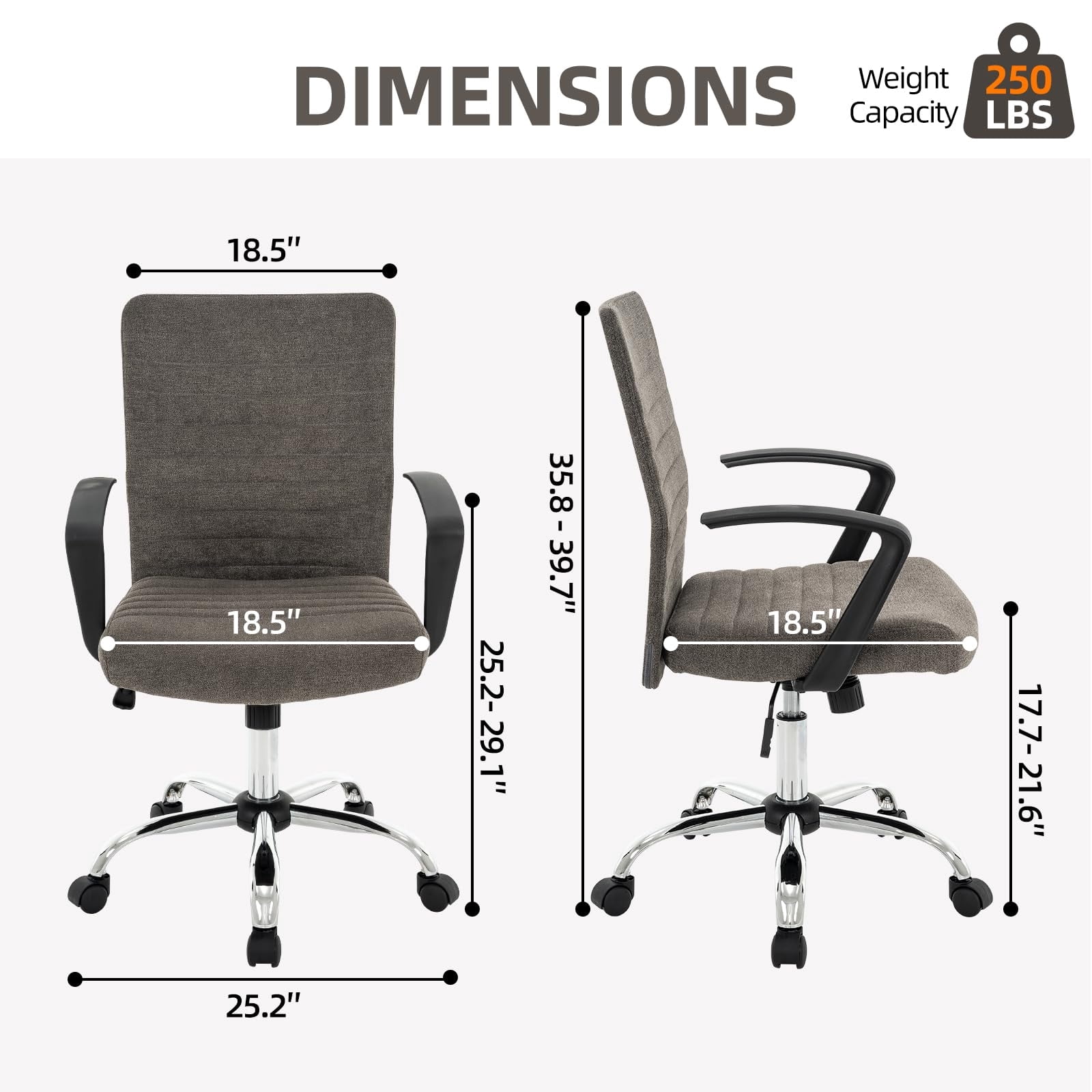 Linen Office Chair with Arms, Upholstered Mid-Back Desk Chair with Adjustable Height and Back Angle, 360° Swivel with Wheels for Home Office or Study (Dark Grey)