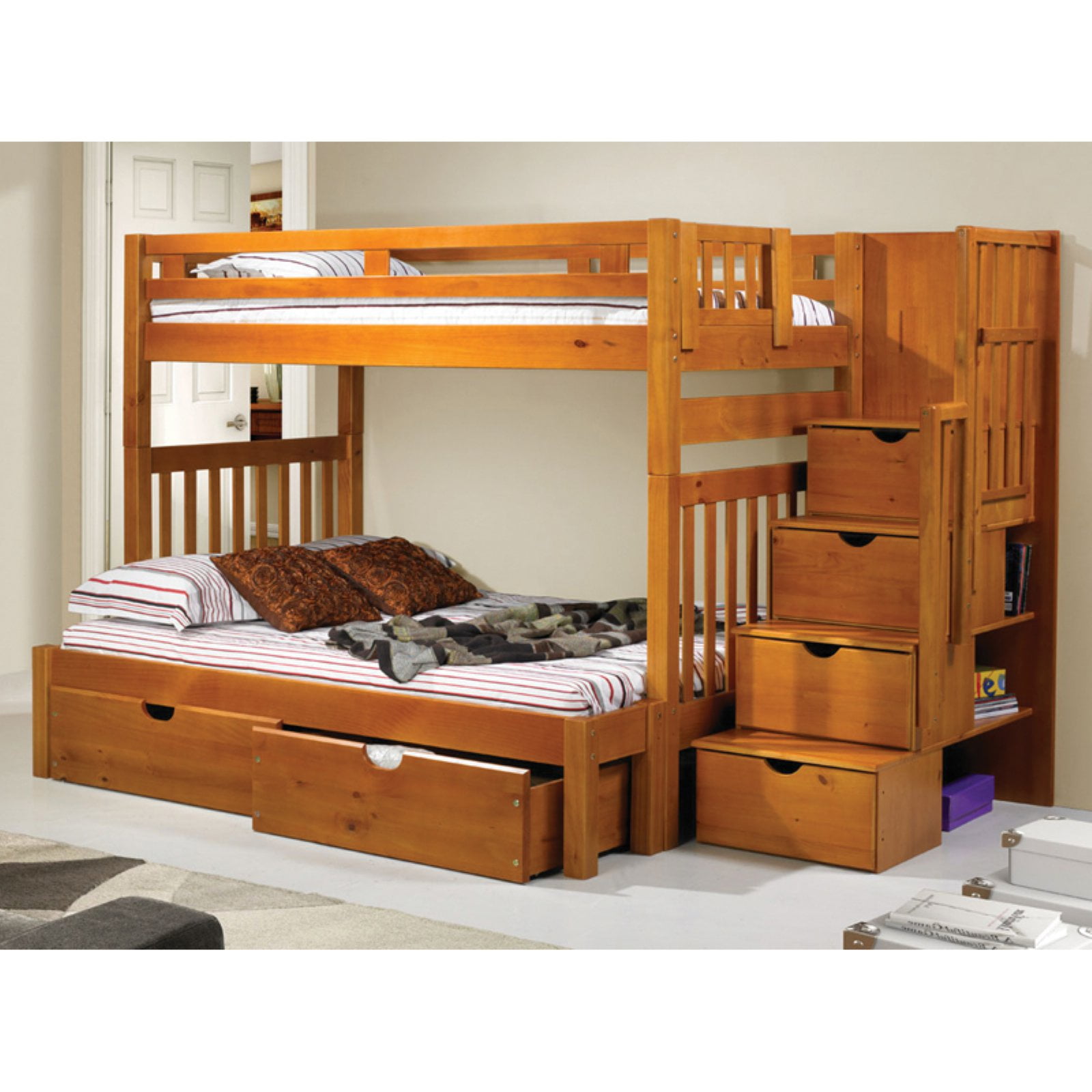 Donco Twin over Full Stairway Bunk Bed Honey