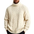 thumbnail image 2 of Vxararl Men's Thermal Turtleneck Pullover Jumper, Chunky Cable Knit Long Sleeve Sweater Casual Warm Fall Winter Soft Knit Top for Men Everyday Outfits Beige M, 2 of 6