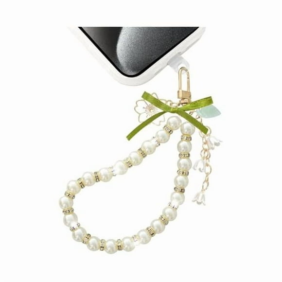 YJJSKKEJI Phone Charm Cute Phone Wrist Strap Lanyard Bow Pearl iPhone Wristlet Chain Hands-Free Bling Smartphones Case Accessories with Tether Tab for Women Girls, White/Green