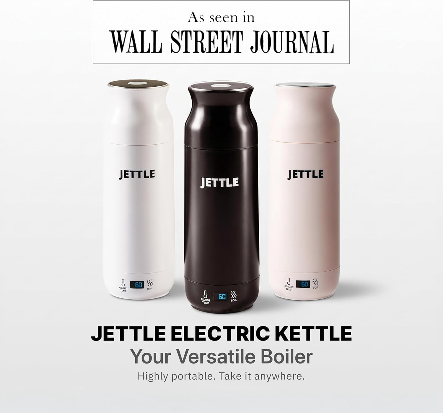 Jettle Travel Electric Kettle - 450ml Bottle-Style Top-Fill No-Spout Water Boiler for Tea & Coffee - Temperature Control, LED Display, Auto Shut-Off - Stainless Steel, 110V
