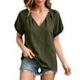 thumbnail image 3 of Women's Loose Fit V Neck Puff Short Sleeve Tunic Blouse Top Comfy Casual Summer Work Office Outfits | CSEONE,Army Green L, 3 of 7