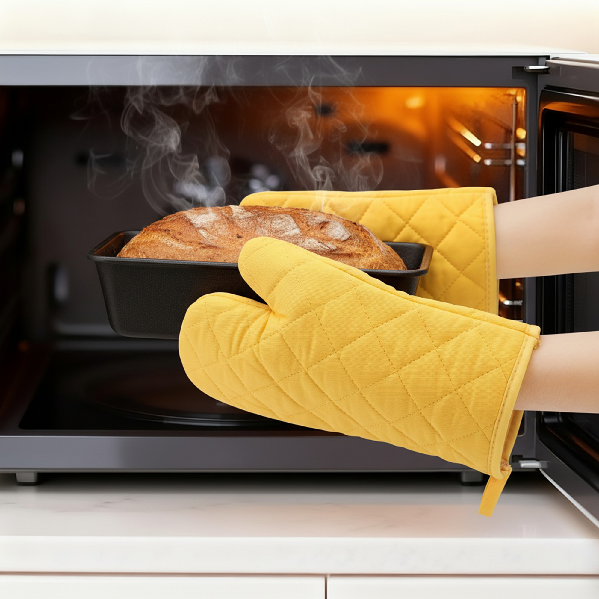 Unique Bargains Pot Holders Heat Resistant Kitchen Gloves Yellow 4.7x13.8inch