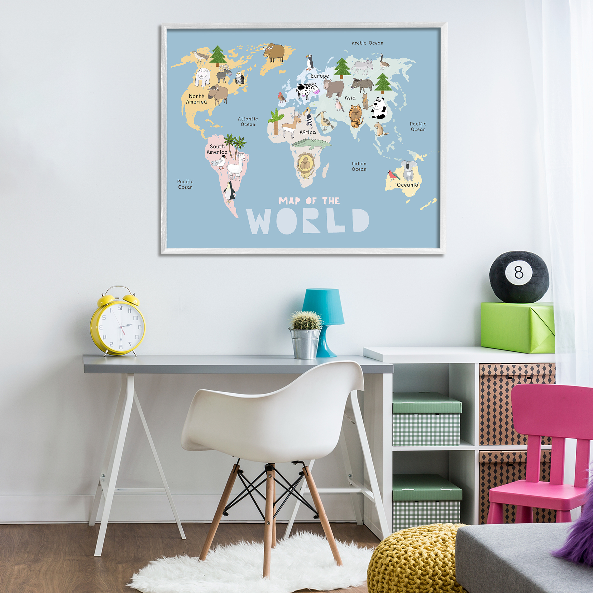 Kid's Map Of World Blue White Framed Giclee Art, design by Carla Daly