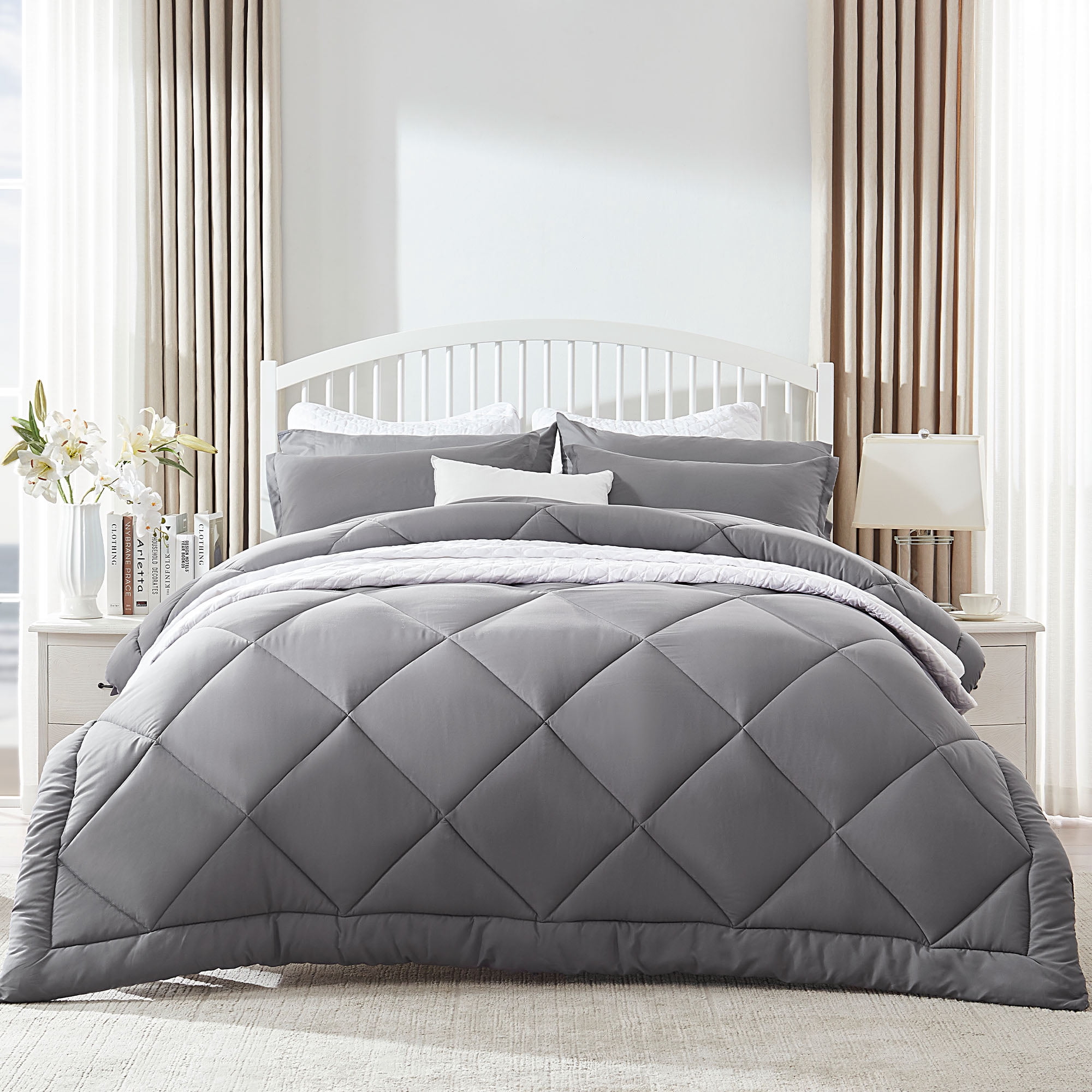Sleep Zone King Size Comforter Duvet Insert, Down Alternative Reversible Comforter, Lightweight, Soft and Breathable Bedding All Season, Diamond Quilting Grey
