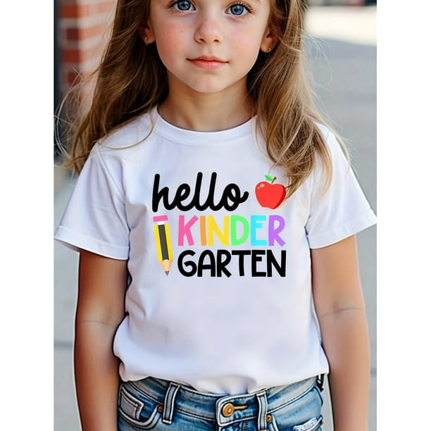 Colorful Soft Knit Girls' "Hello Kindergarten" T-Shirt | Round Neck, Short Sleeve, Apple & Pencil Design - Perfect for School Season, Casual Wear Tee