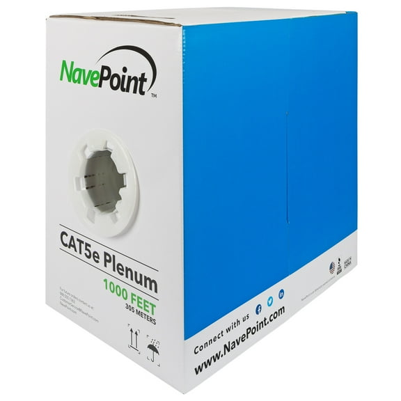 NavePoint Cat5e Plenum Jacket, 1000ft, Black, Copper Clad Aluminum Bulk Ethernet Cable, 350MHz, 24AWG 4 Pair, Unshielded Twisted Pair (UTP)