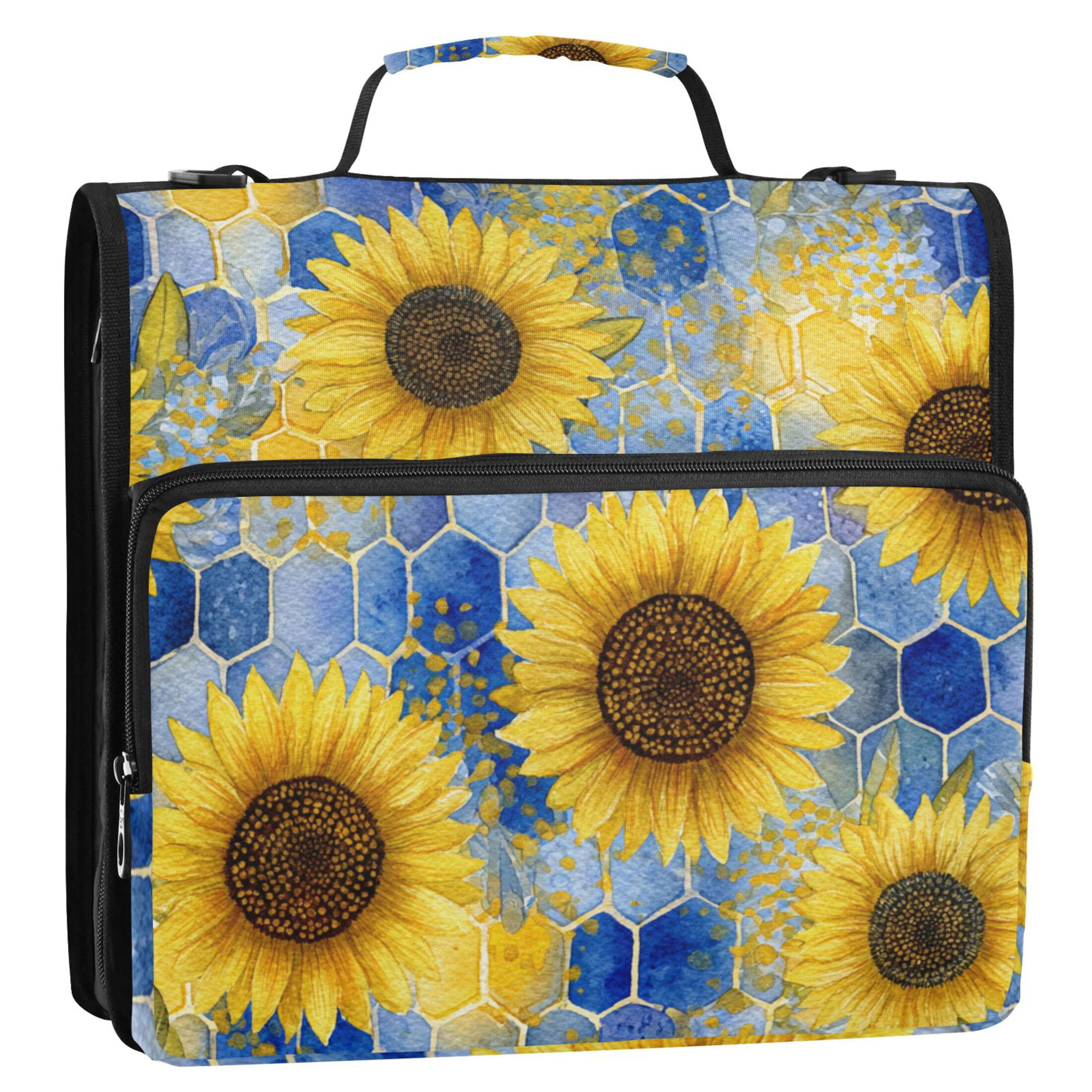 Sunflowers and Blue Honeycomb Binder Bag with Shoulder Strap 3 Ring Zipper Binder File Folder Document Storage