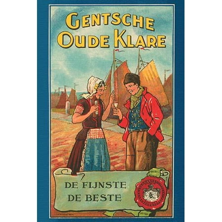 An early Dutch liquor label featuring a Dutch woman pouring a glass for a Dutch man  The label stats the drink is the finest and the best  In the background is a port full of sailboats This type of