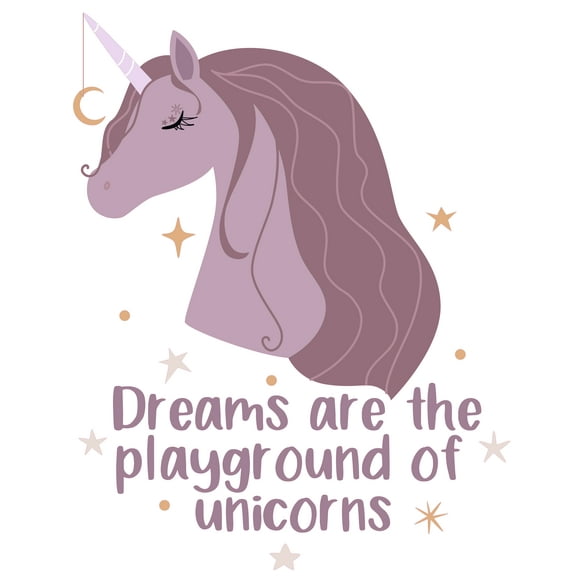 Home Art Fantasy Fairy Tale Vinyl Decoration 20" x 25" Unicorn Portrait Golden Moon & Stars Design Kids Bedroom Inspirational Quotes Wall Decal Sticker - Dreams Are The Playground Of The Unicorns