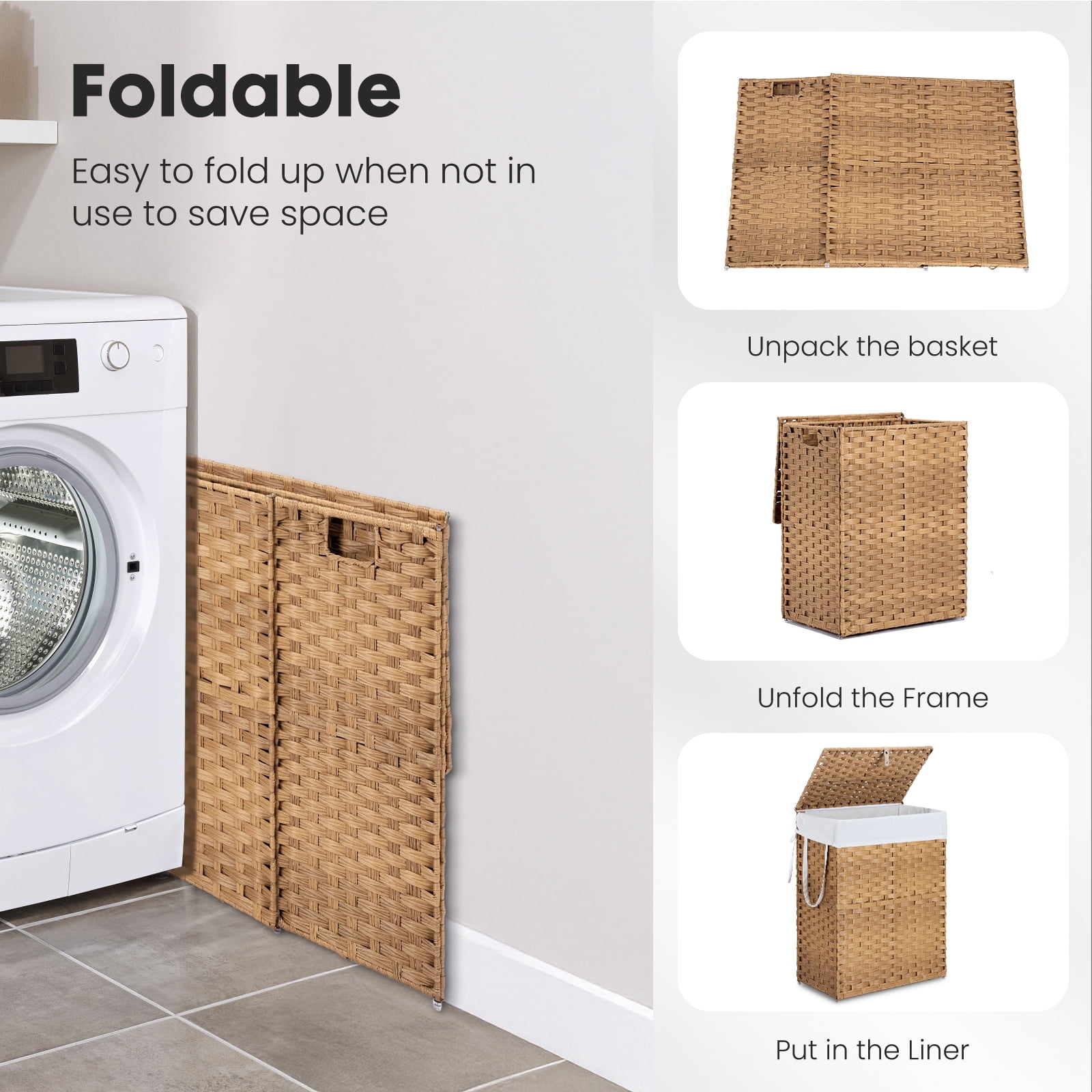 JIOABL Laundry Hamper with Lid, 90L Clothes Hamper with Removable Liner Bags, Synthetic Rattan Laundry Basket for Clothes Toys in Bathroom Bedroom