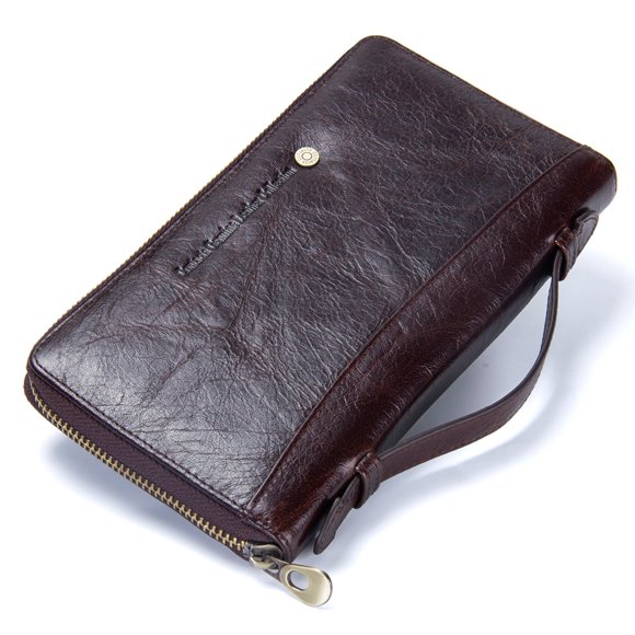 CONTACTS Leather Wristlets Clutch Bag Men Wallet Purse Zipper Large Capacity Business Card Organizer with Leather Strap Wristlet Purse for Men