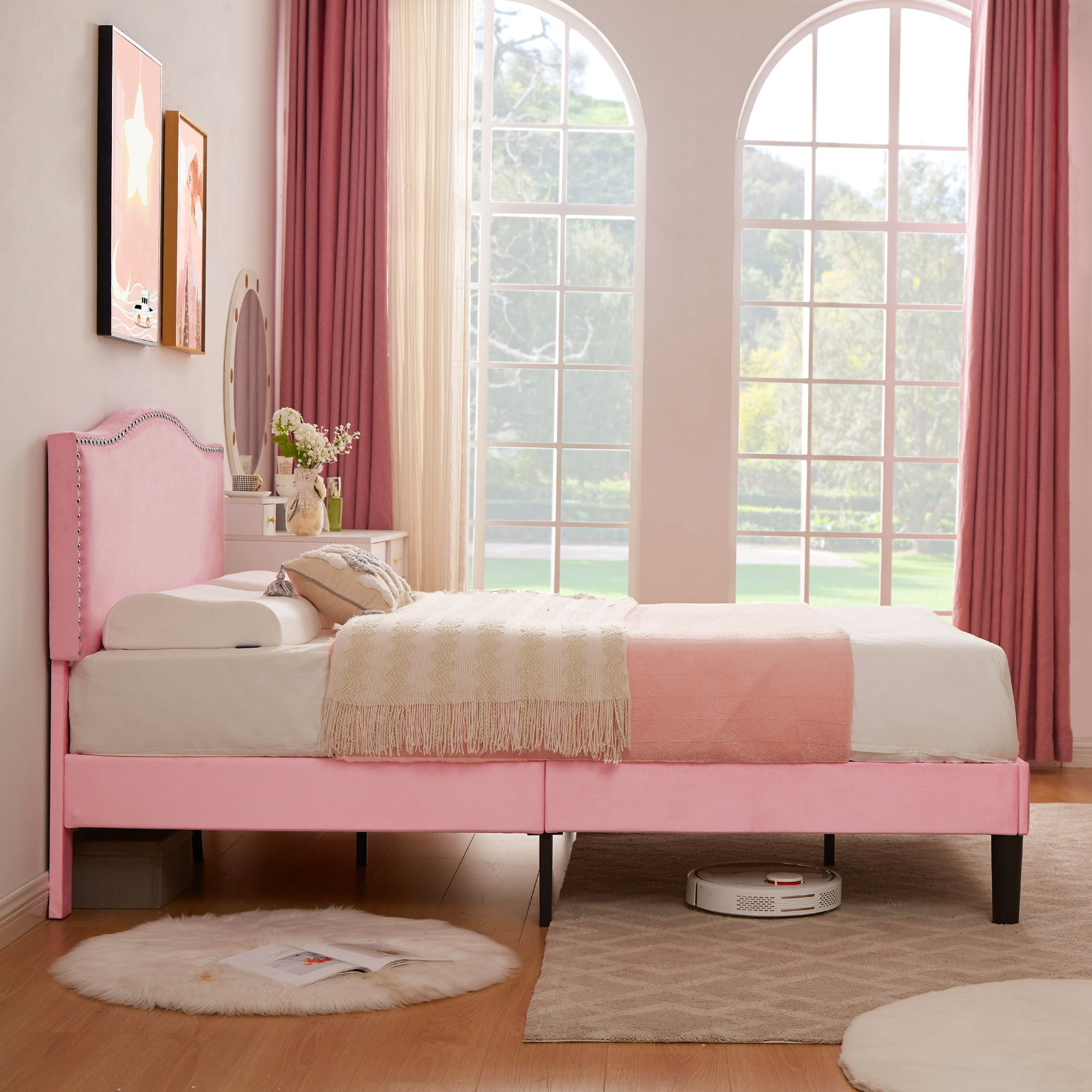VECELO Queen Bed Frame, Nailhead Trim Upholstered Platform Bed with Adjustable Headboard, Wooden Slats Support/No Box Spring Needed, Pink