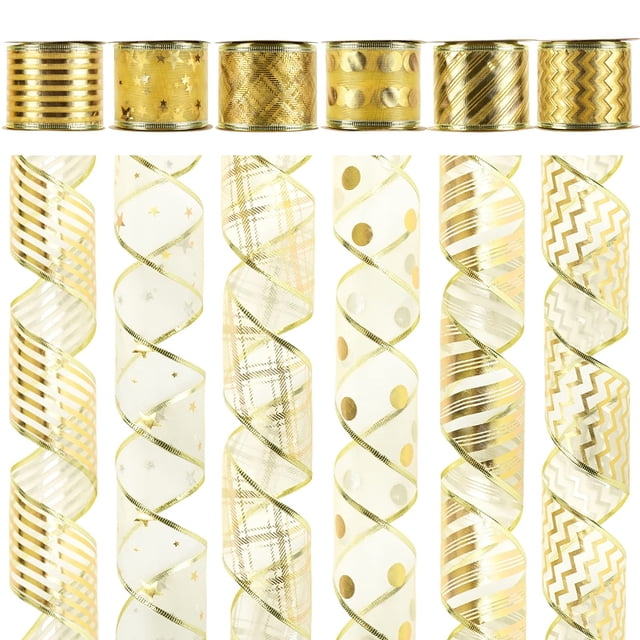Cinta decorativa MEEDEE dorada con alambre, 6 rollos de 2.5" x 18 pies
