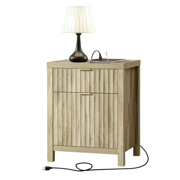 OAKHAM 2 Drawer Nightstand with Charging Station, Bedside Tables with USB/Type-C Ports , Farmhouse Side Table End Table for Bedroom, Living Room, Sunwashed Ash Oak