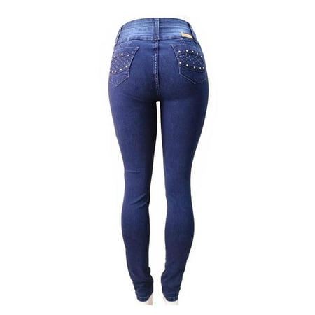 Diamante JUNIORS & PLUS Colombian Design Butt Lifter Women Denim High Waist Skinny Jeans-Blue with bling- N1408