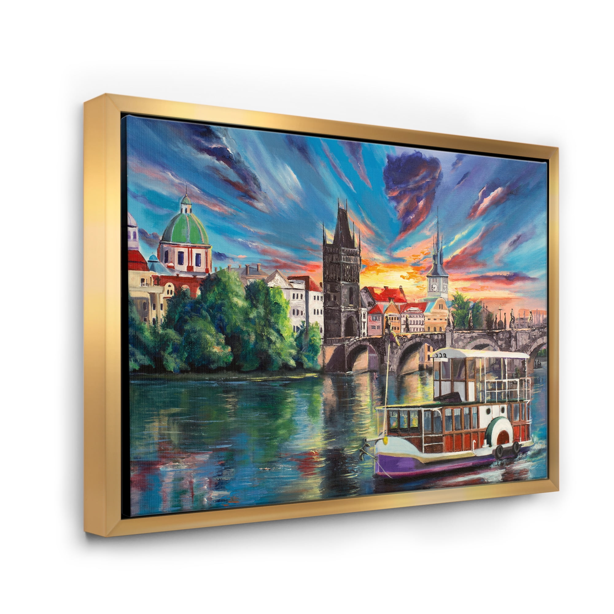 Sunset Over City view Of Prague 32 in x 16 in Framed Painting Canvas Art Print, by Designart