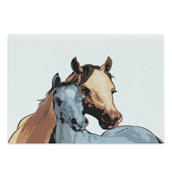 Country Cutting Board, Farm Life Warehouse Country Horses Watercolored Abstract Image, Decorative Tempered Glass Cutting and Serving Board, Large Size, Pale Caramel Turquoise, by Ambesonne