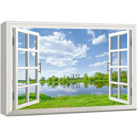 wall26 Canvas Print Wall Art Window View of Forest Lake Reflection Nature Wilderness Photography Realism Rustic Scenic Colorful Relax/Calm Ultra for Living Room, Bedroom, Office - 16"x24"