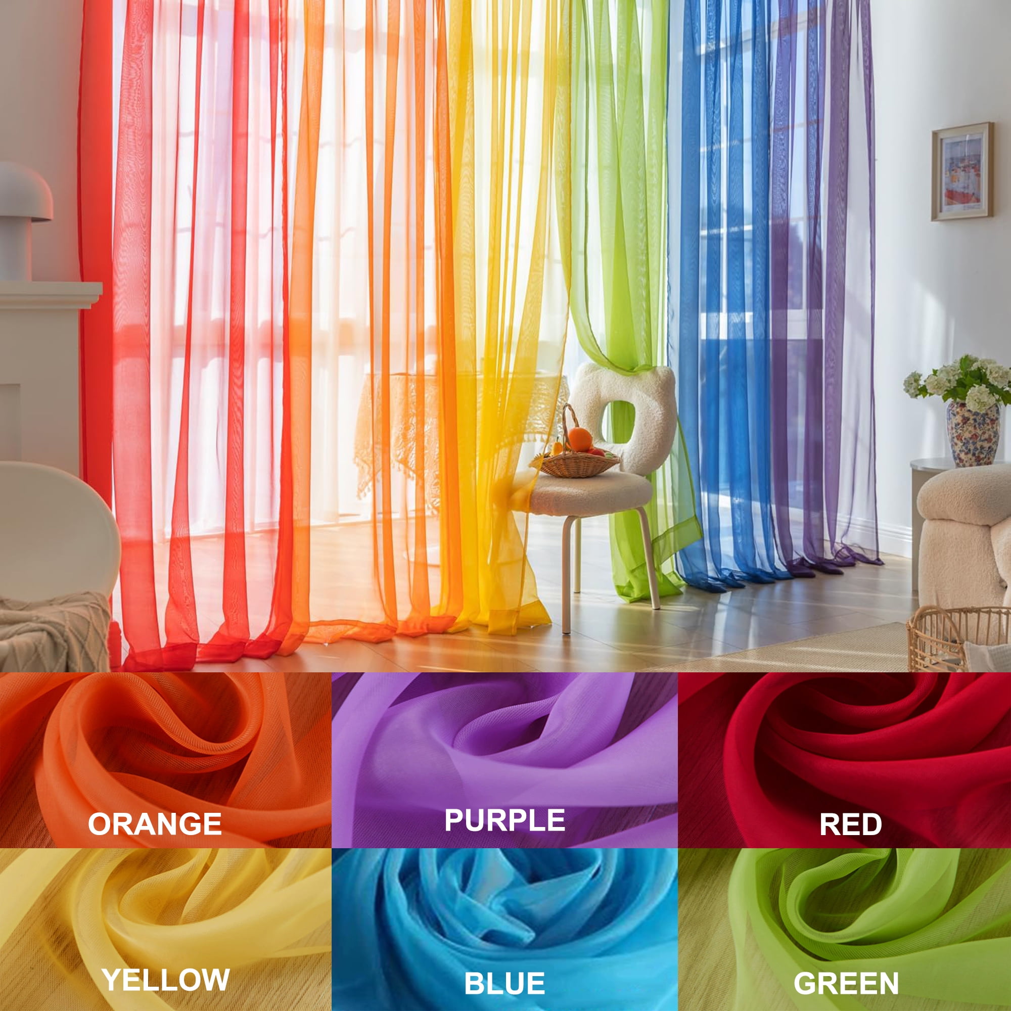 DZORUN 6 Piece Rainbow Sheer Curtains Colorful Backdrop Bright Curtains Set for Playroom Nurseries Bedroom & Festival Decoration Birthday Party Atmosphere Decoration
