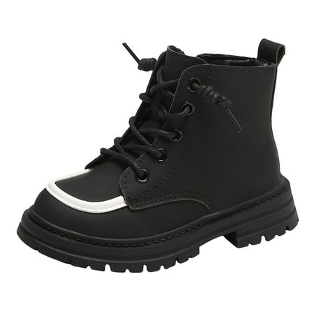 

Povozer Boys Girls Waterproof Lace up Glitter Mid Calf Combat Boots with Side Zipper Short Boots(Black 11.5-12 Years)