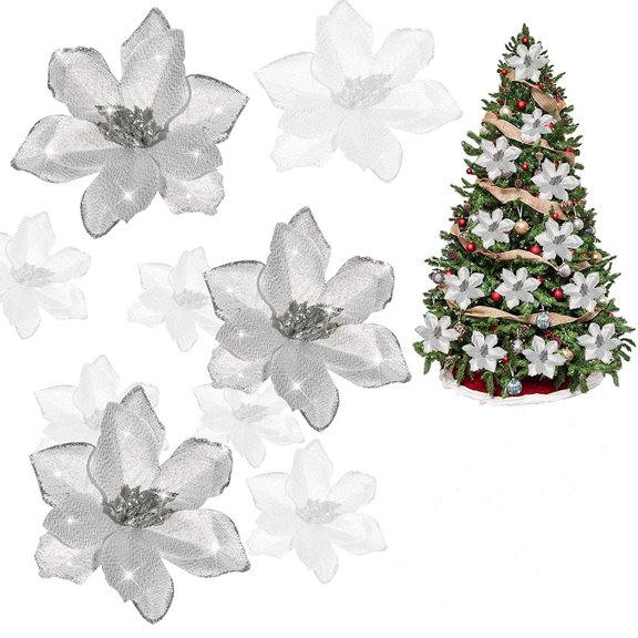 12 Pcs Glitter Christmas Flowers(15cm/5.9’’) Artificial Poinsettia Flowers Christmas Tree Flower Decorations Xmas Tree Wreath Ornaments (Gold)
