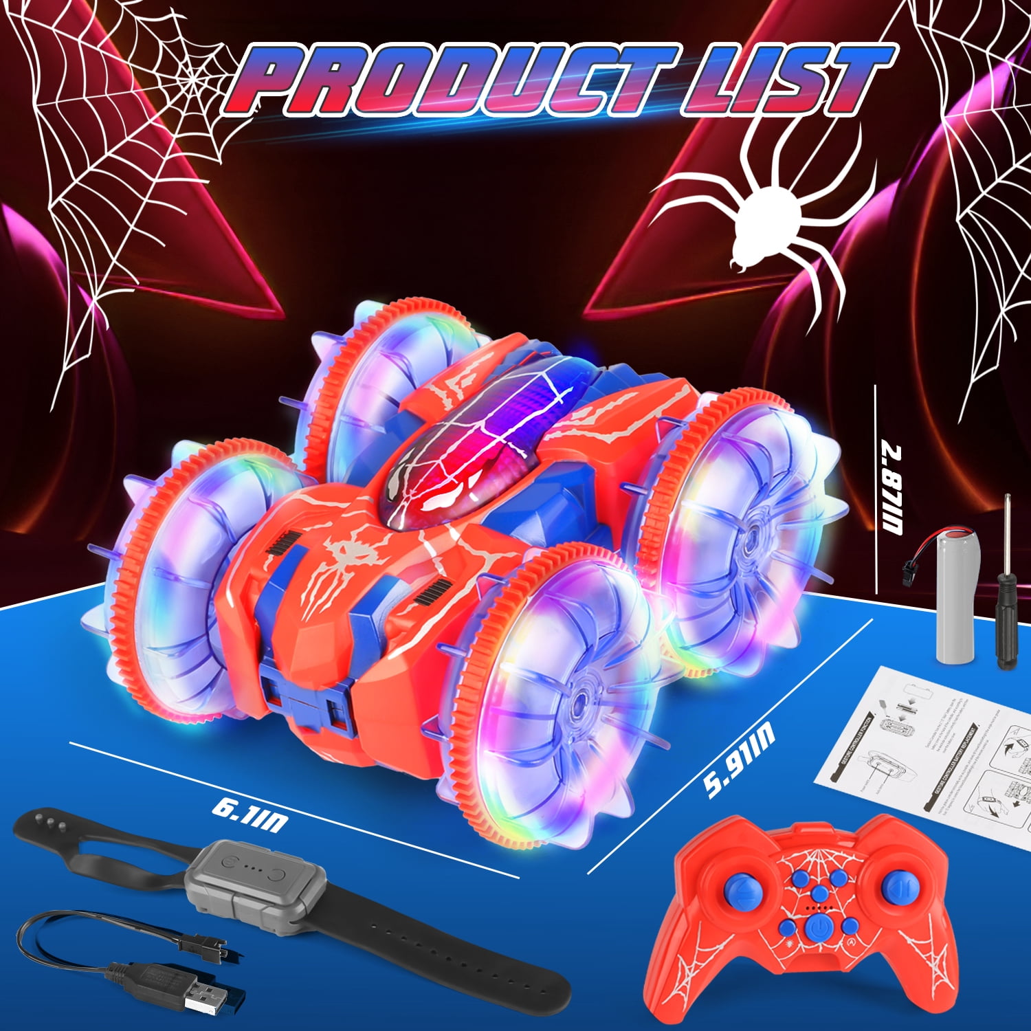 Huge Wave Amphibious RC Stunt Car for Boys, 2.4GHz 4WD Double-Sided Drift Car, Dual Gesture & Controller Control, LED Light Spider Design Vehicle Toy,Christmas Toys Gift for Kids Aged 6-12