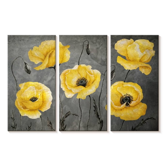 Elephant Stock Yellow Poppies Wall Art - Horizontal Multi Panel Canvas - Living Room Wall Decor - Floral And Botanical Multi Panel - Gray And Yellow Decor - 23" x 14"