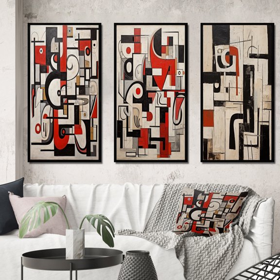 Designart "Passion in Urban Abstract Red, Black, White II" Modern Geometric Framed Wall Art Set Of 3 - Black Abstract Frame Gallery Set For Office Decor